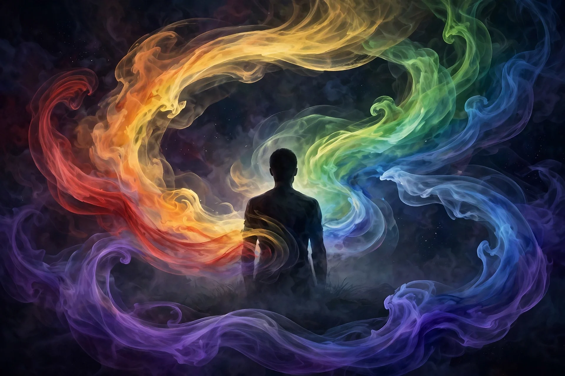 Abstract art of a person surrounded by swirling rainbow-colored light