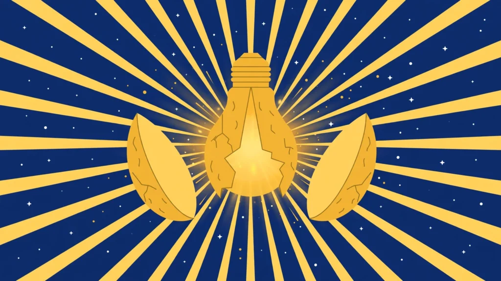 Illustration of a glowing lightbulb cracking open like a seed, symbolizing a sudden realization