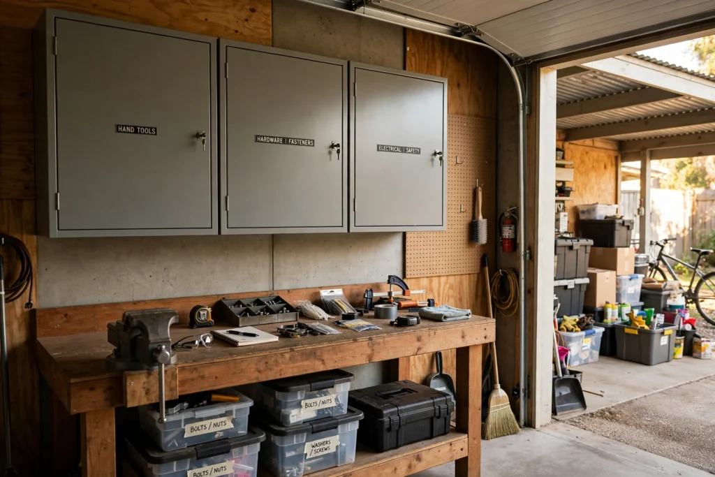 Lockable wall cabinets for carport storage