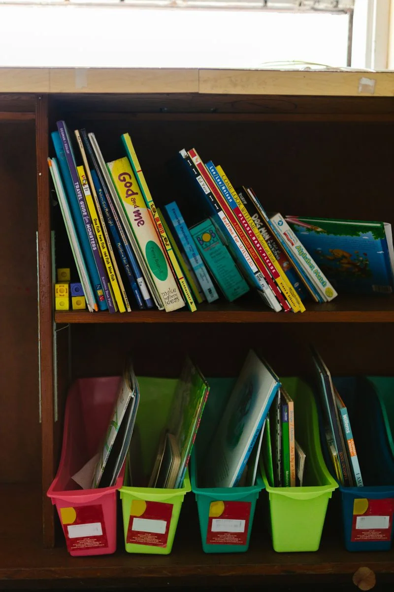 Low forward-facing book bins for toddlers