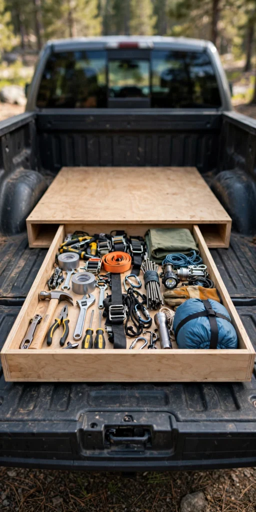 Sliding under-bed drawer system in a pickup truck bed