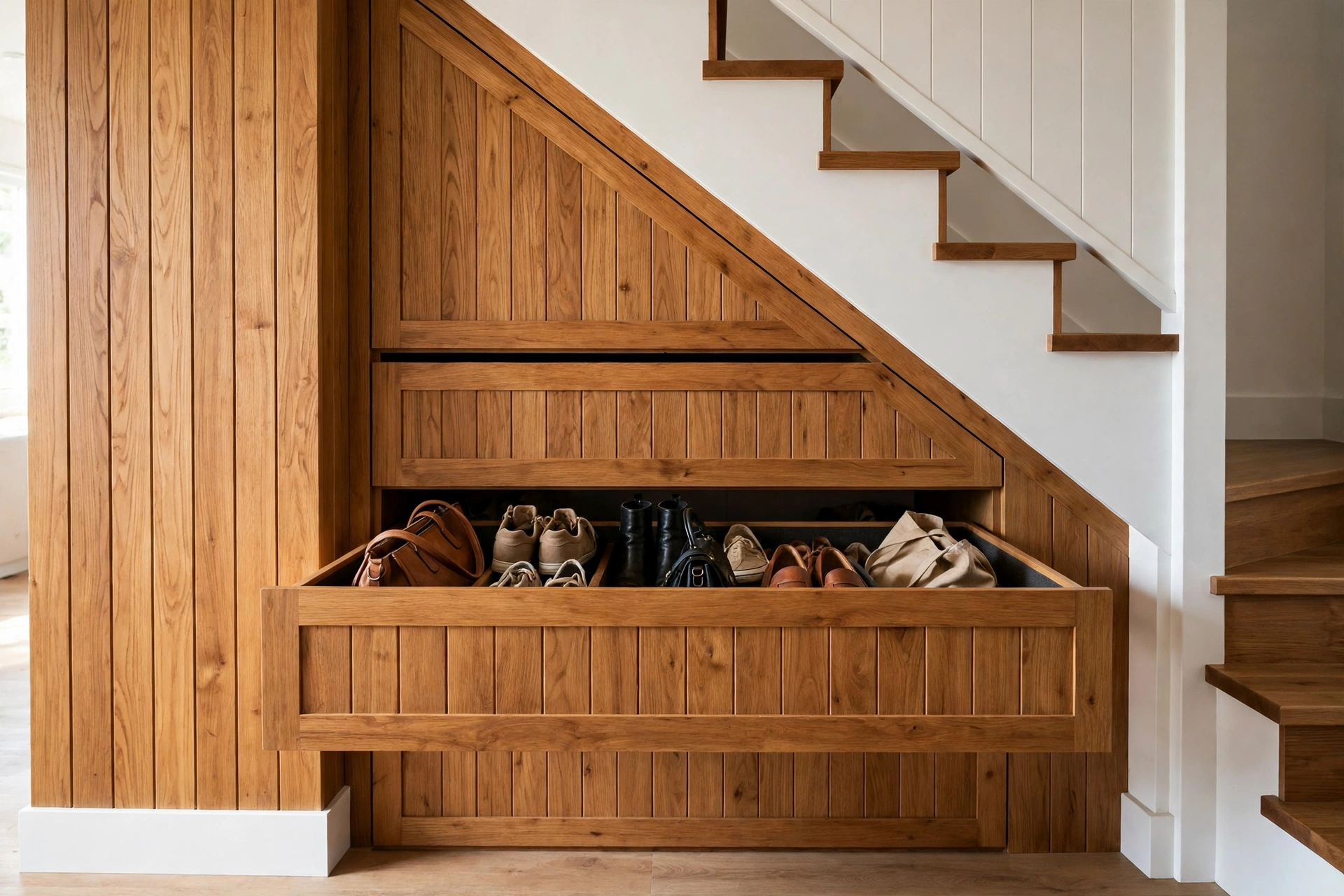 Pull-out drawers built under a staircase for hidden storage