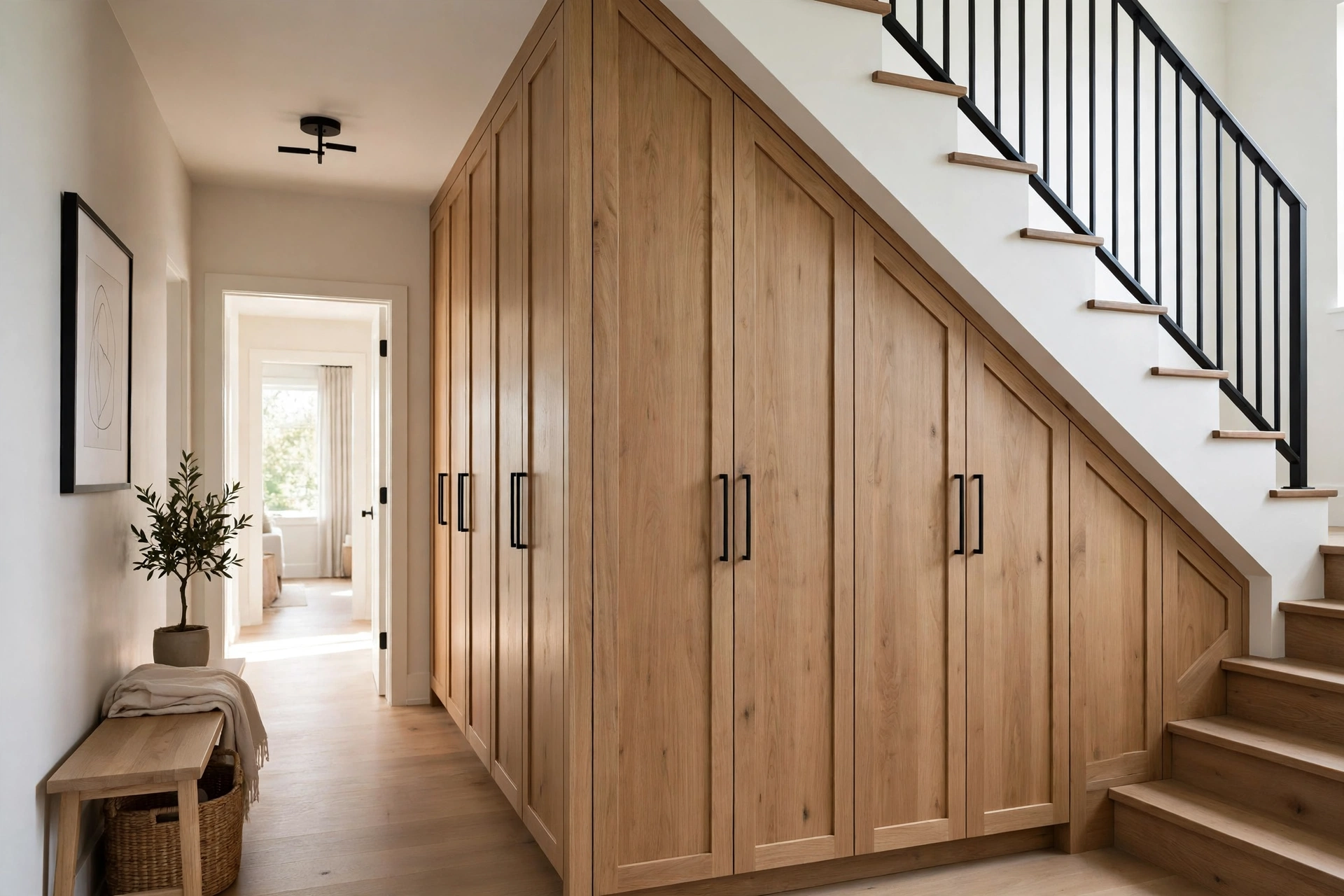 Floor-to-ceiling cabinets fitted under a staircase