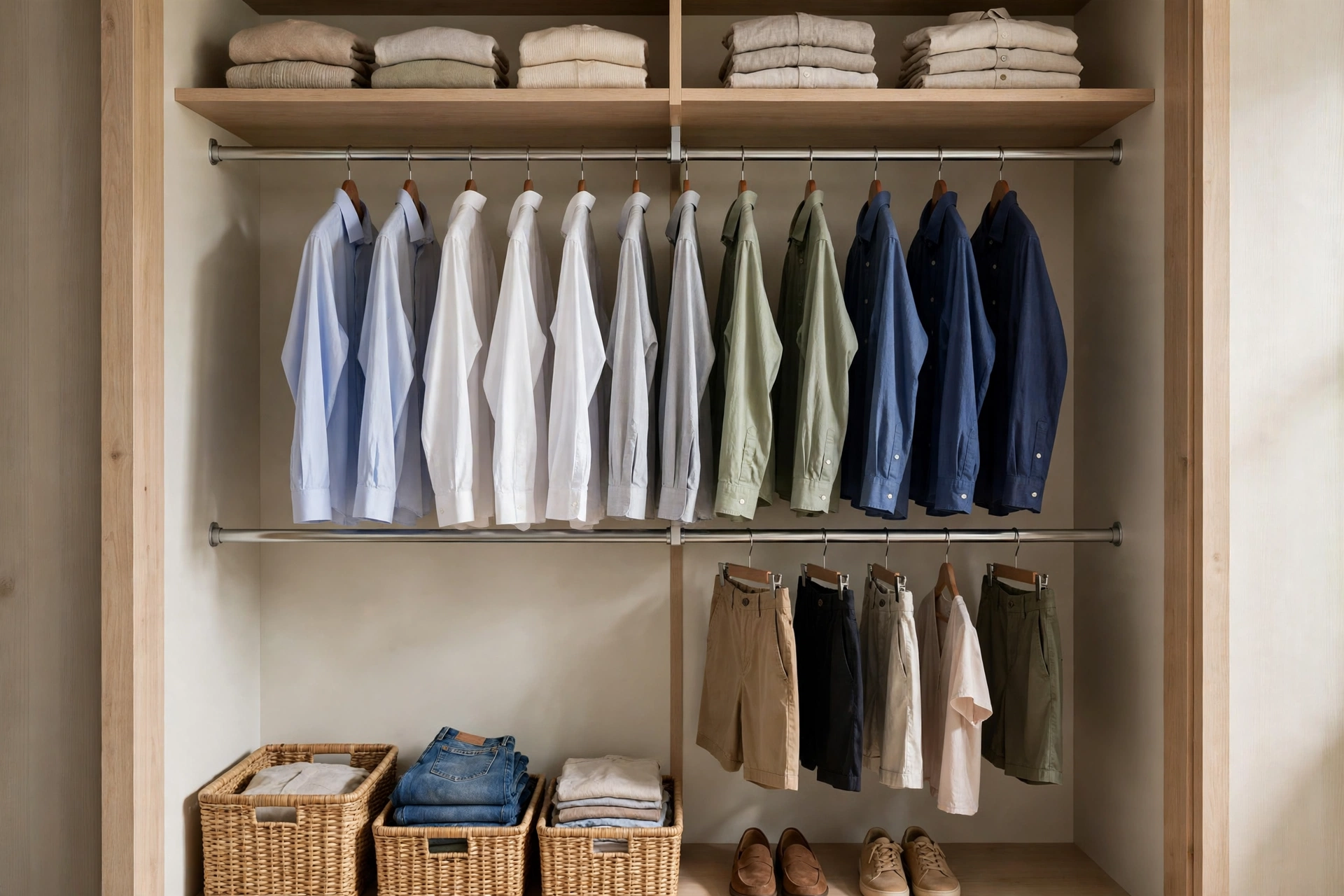 Double hanging rods in a closet doubling hanging space