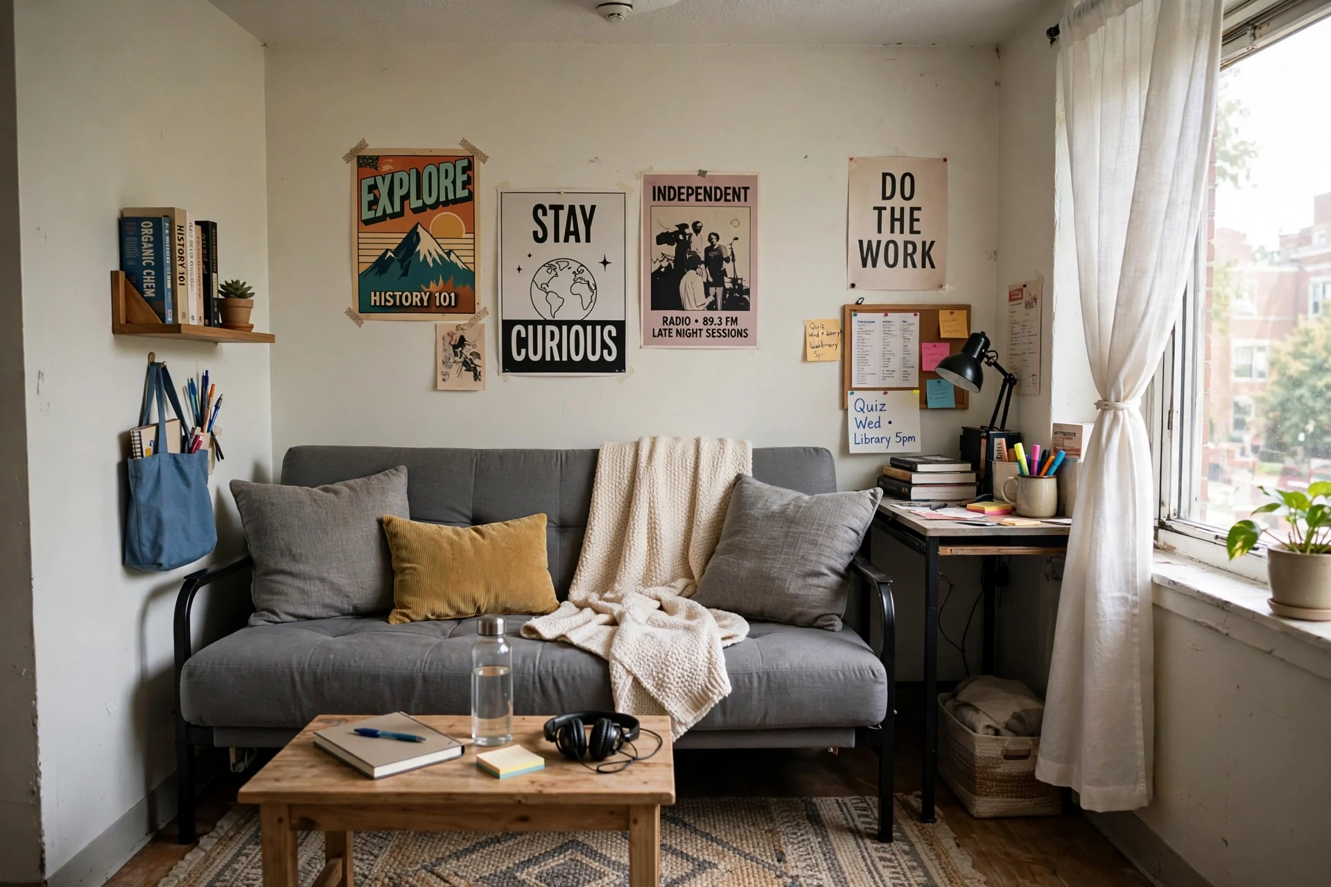 Compact futon in a small dorm living room