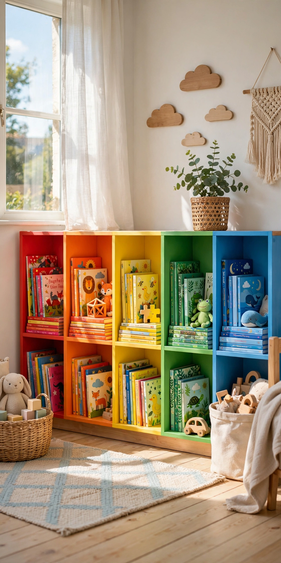 Rainbow-colored bookcase for kids room