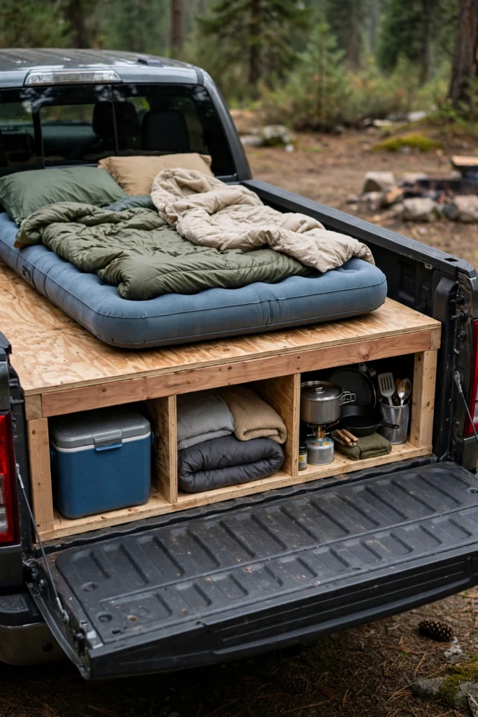 DIY plywood sleeping platform with storage underneath in a truck bed