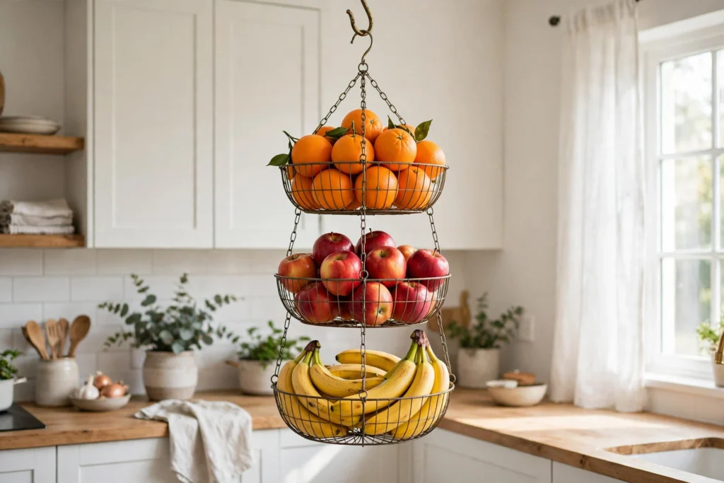 A three-tier hanging fruit basket in a kitchen