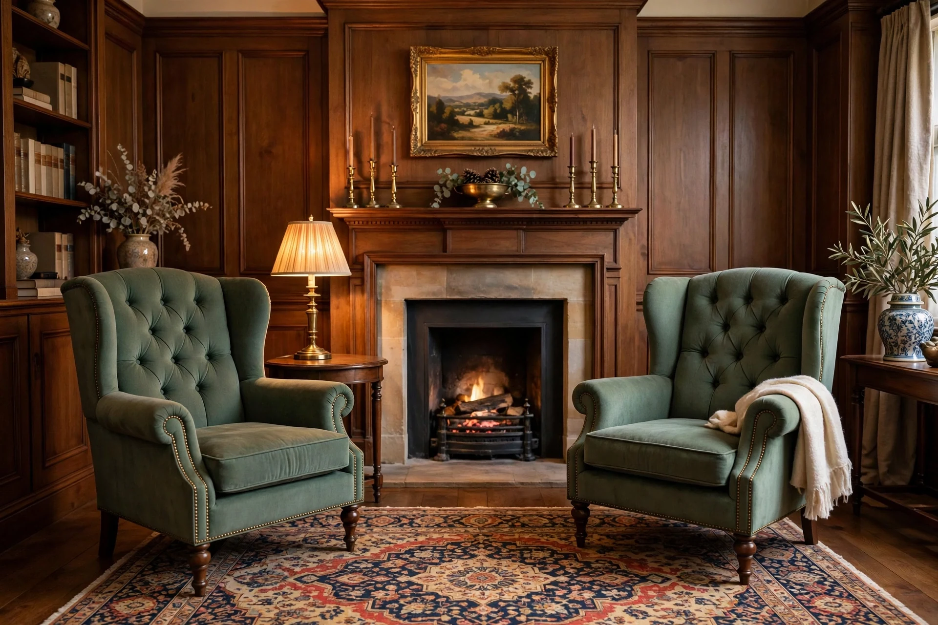 Wingback armchairs beside a fireplace in a traditional living room