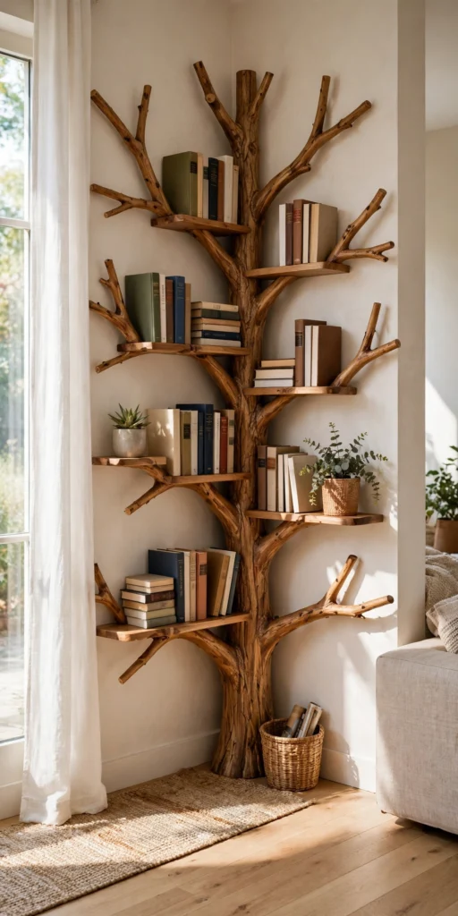 Corner tree shelf with books