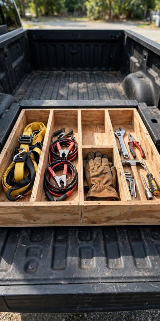 Full-width truck bed drawer with adjustable dividers