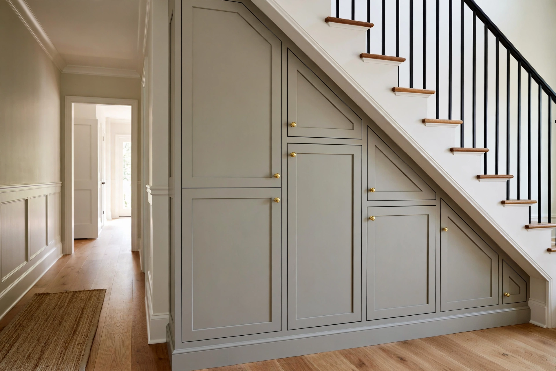 Shaker style cabinets fitted under a staircase