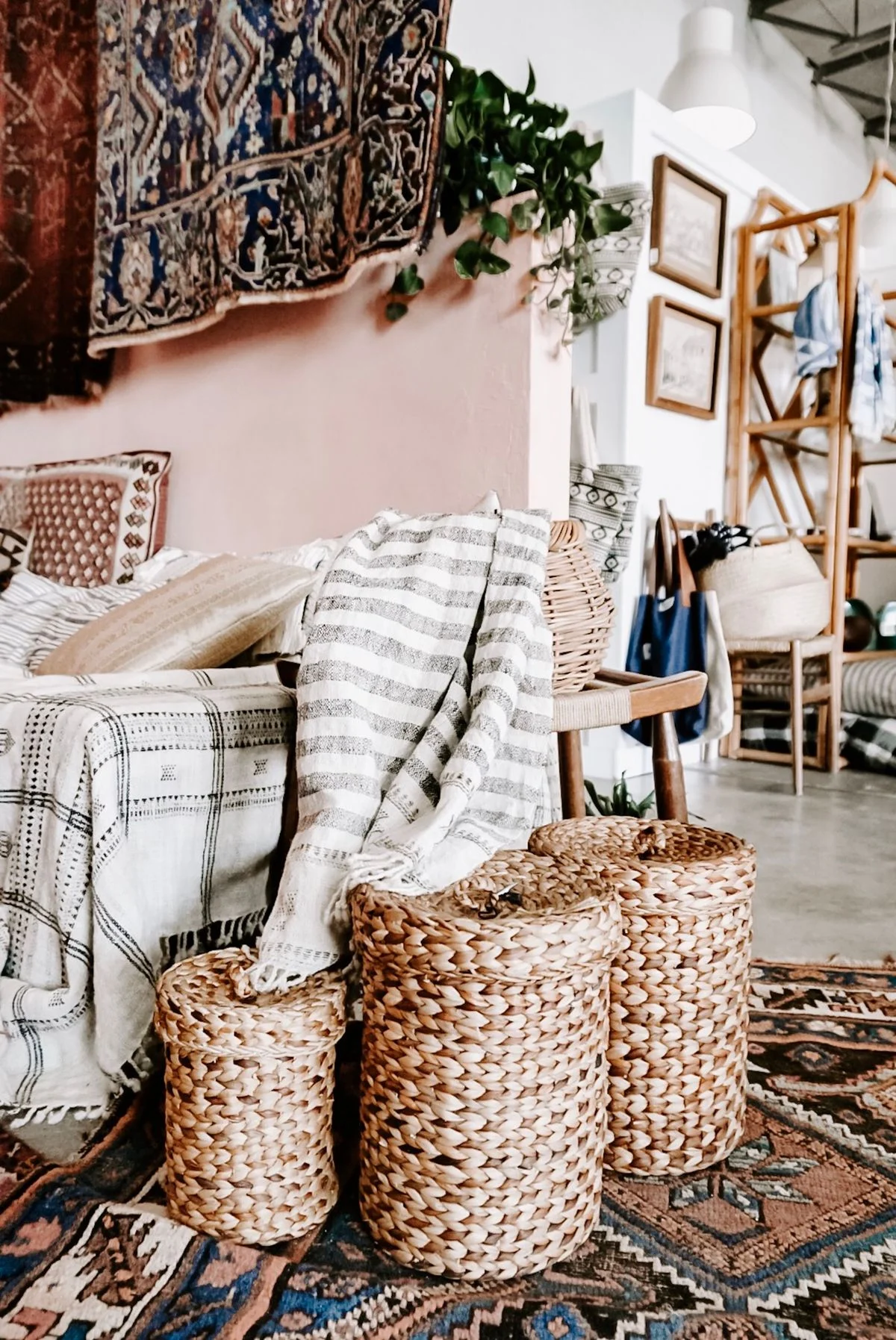 Woven baskets used for storage in a boho living room