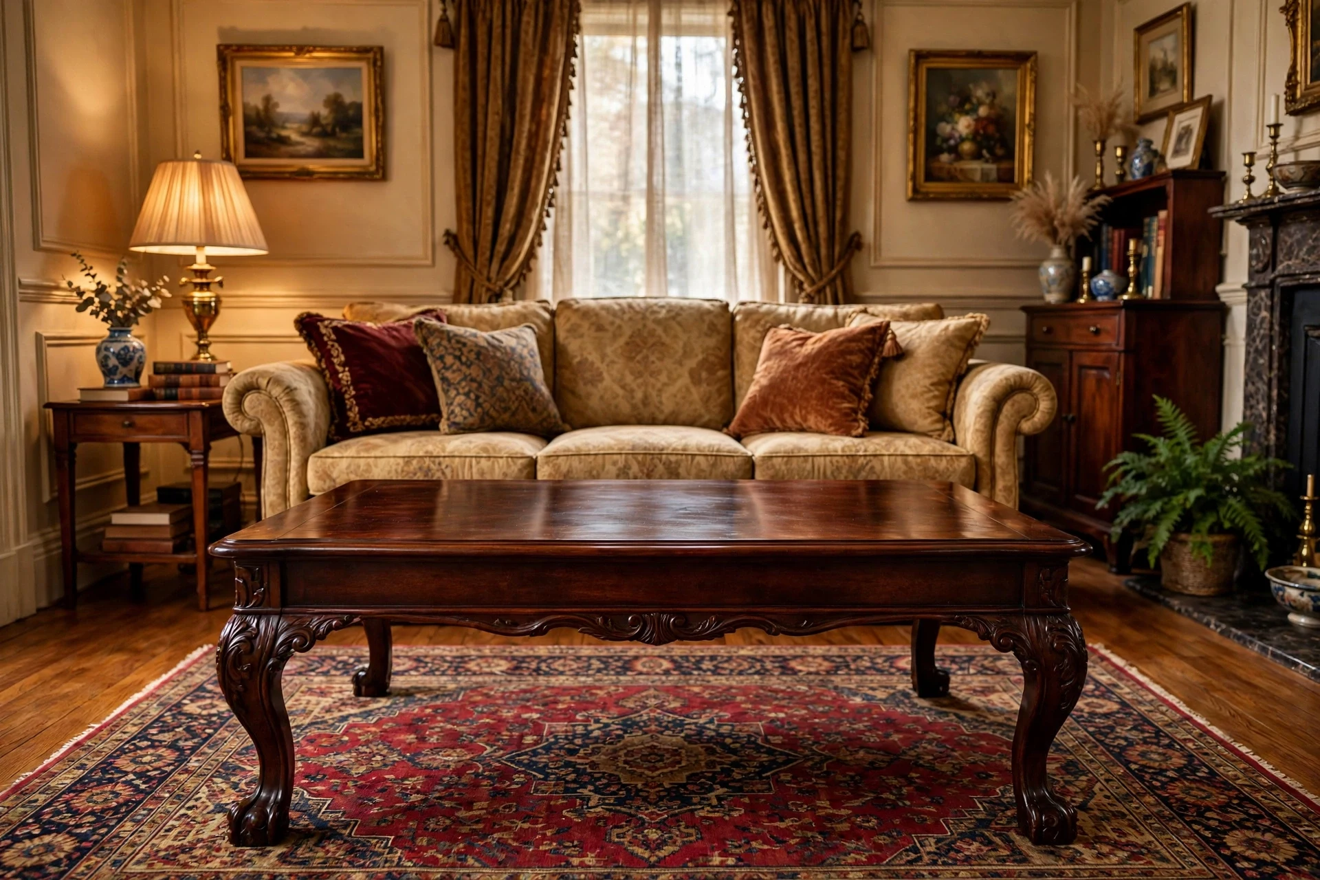 Dark wood coffee table in a traditional living room