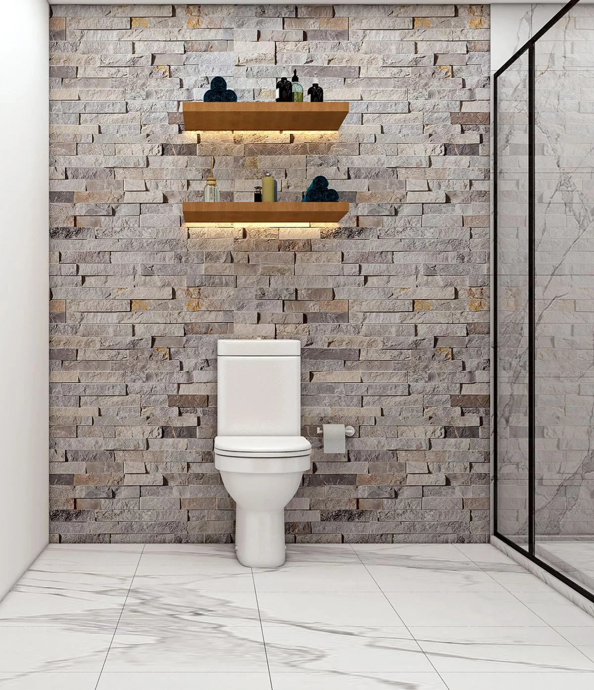 Floating shelves above a toilet holding folded towels