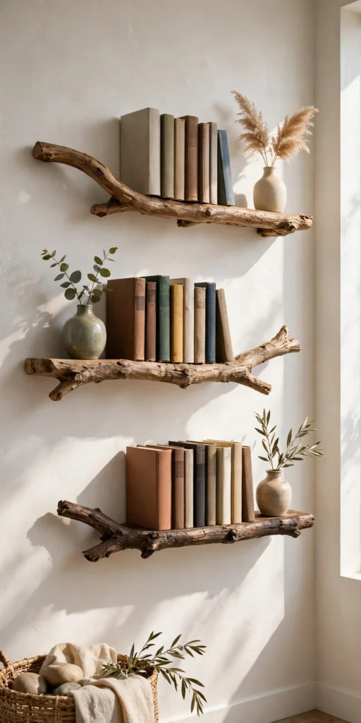 Tree branch floating shelves with books