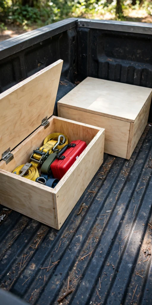 Wheel-well cubby storage boxes built into a truck bed