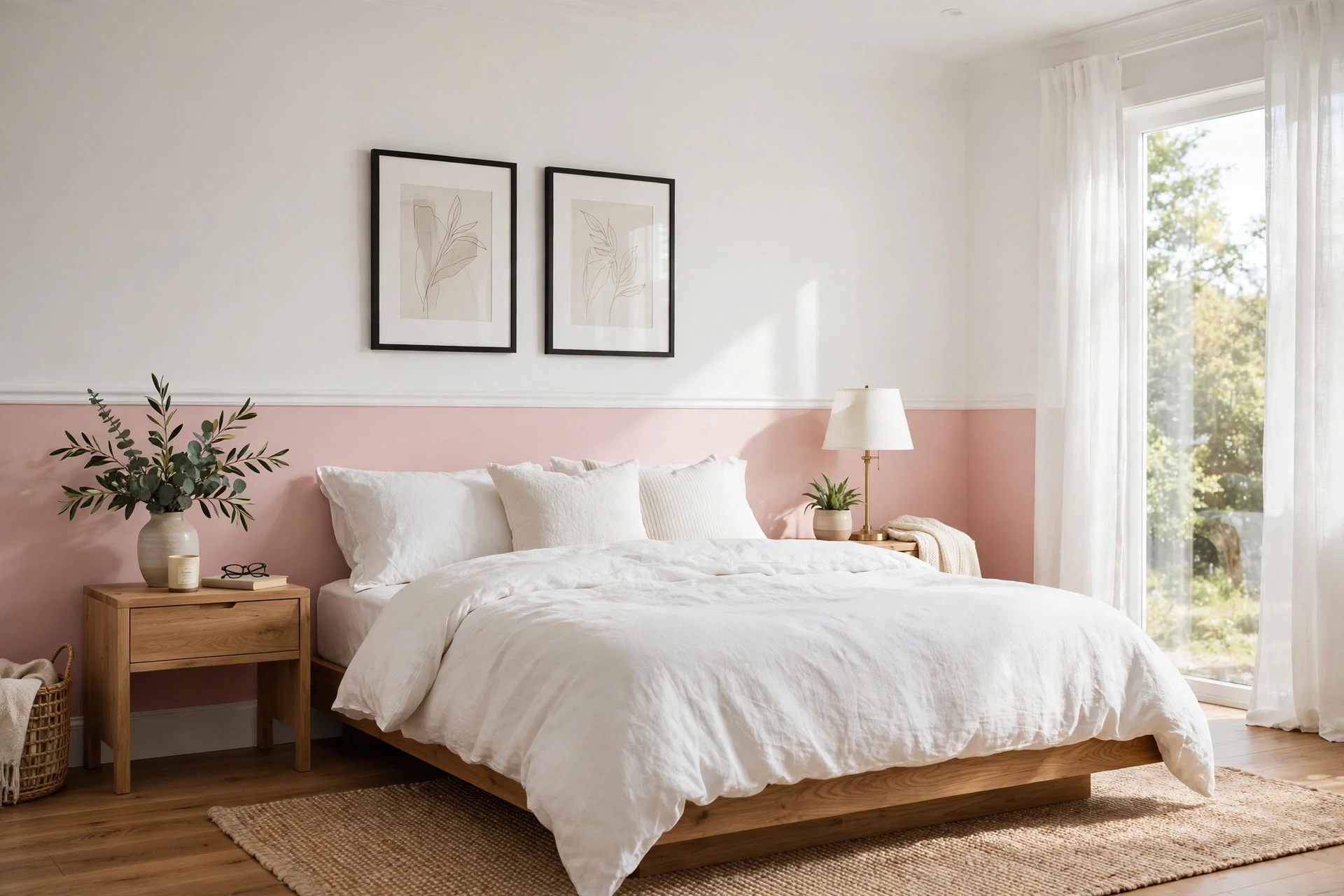 Two-tone pink and white walls in a bedroom