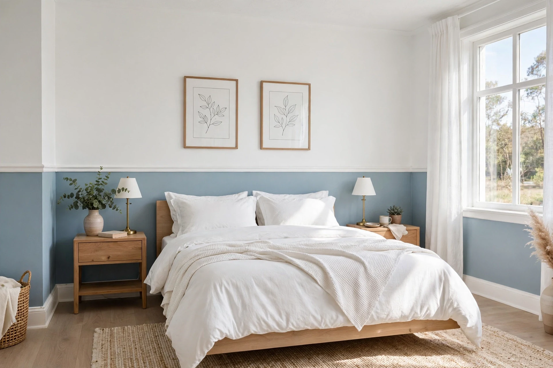 Two-tone blue and white walls in a bedroom