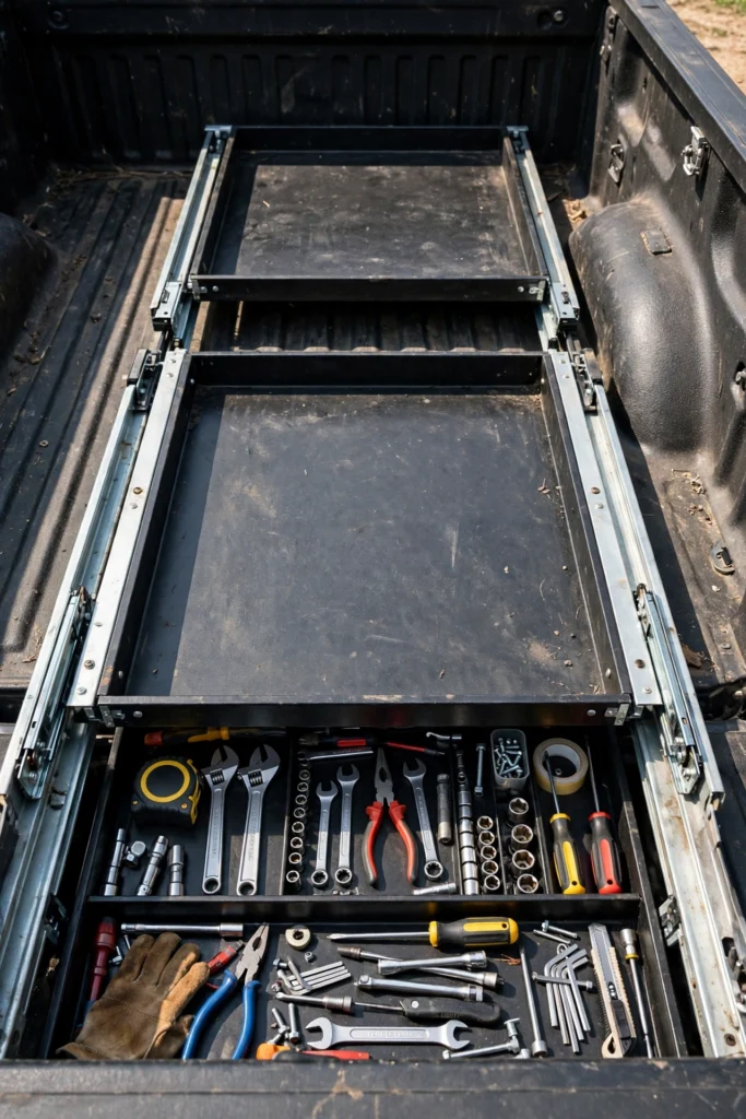 Two-tier sliding tray storage system for a truck bed