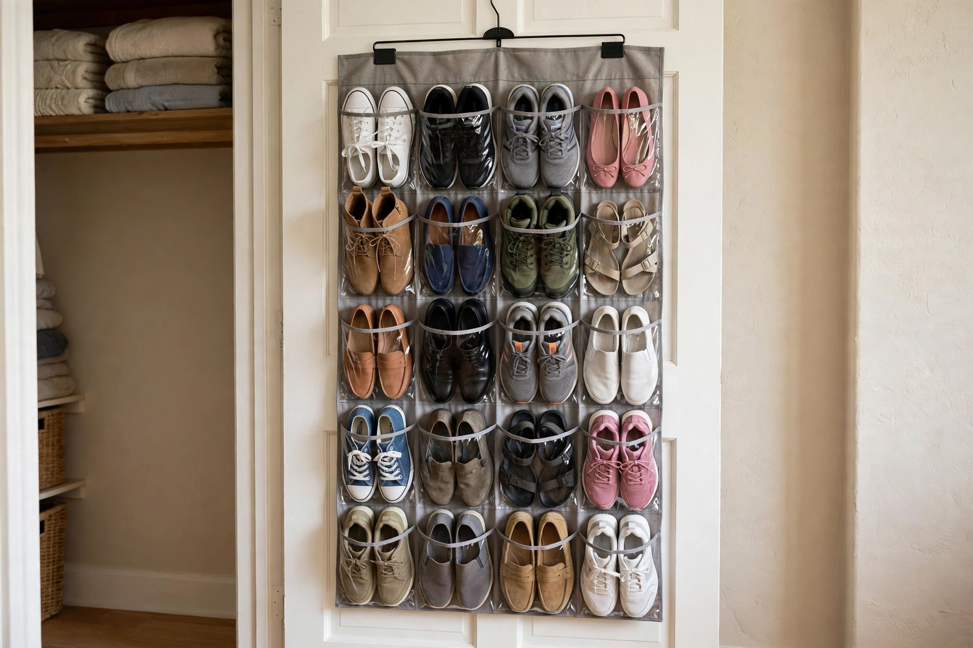 Hanging shoe organizer with pockets on a closet door