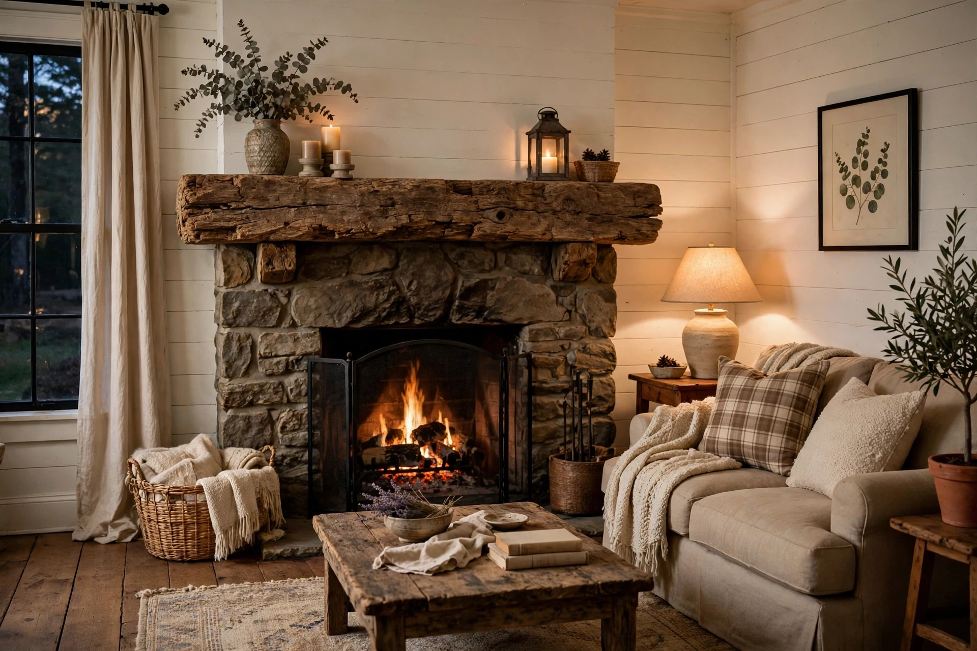 Reclaimed wood mantel above a farmhouse living room fireplace