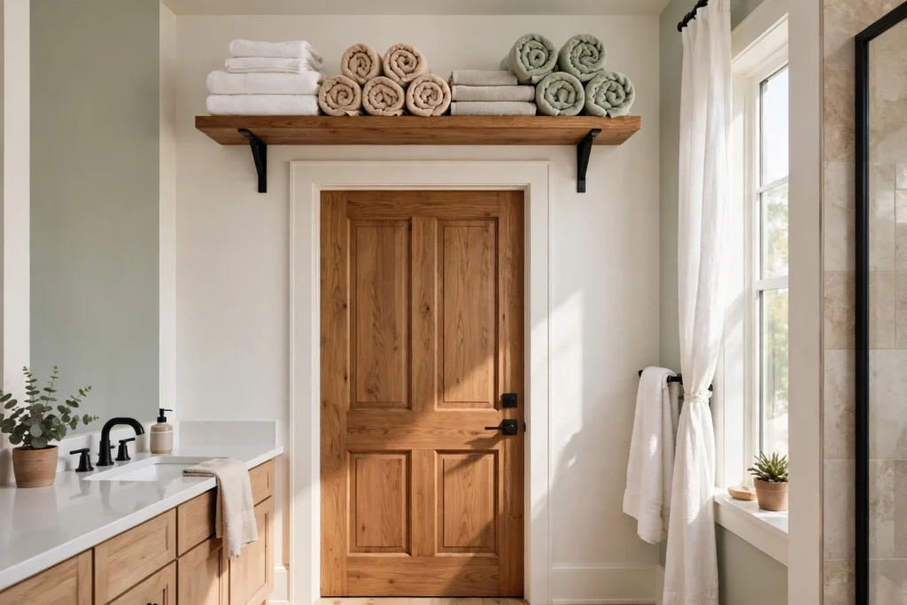 Towel shelf above a bathroom door holding spare towels