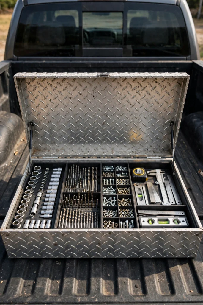 Crossover toolbox with custom dividers in a pickup truck