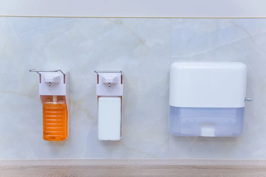 Wall-mounted shampoo and soap dispensers in a shower