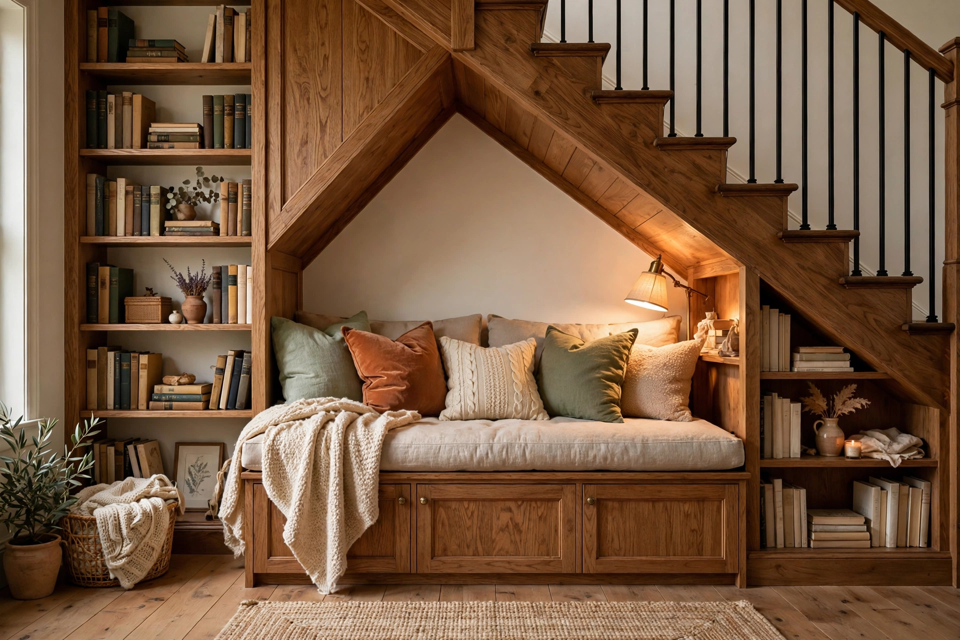 Cozy reading nook with storage bench under a staircase