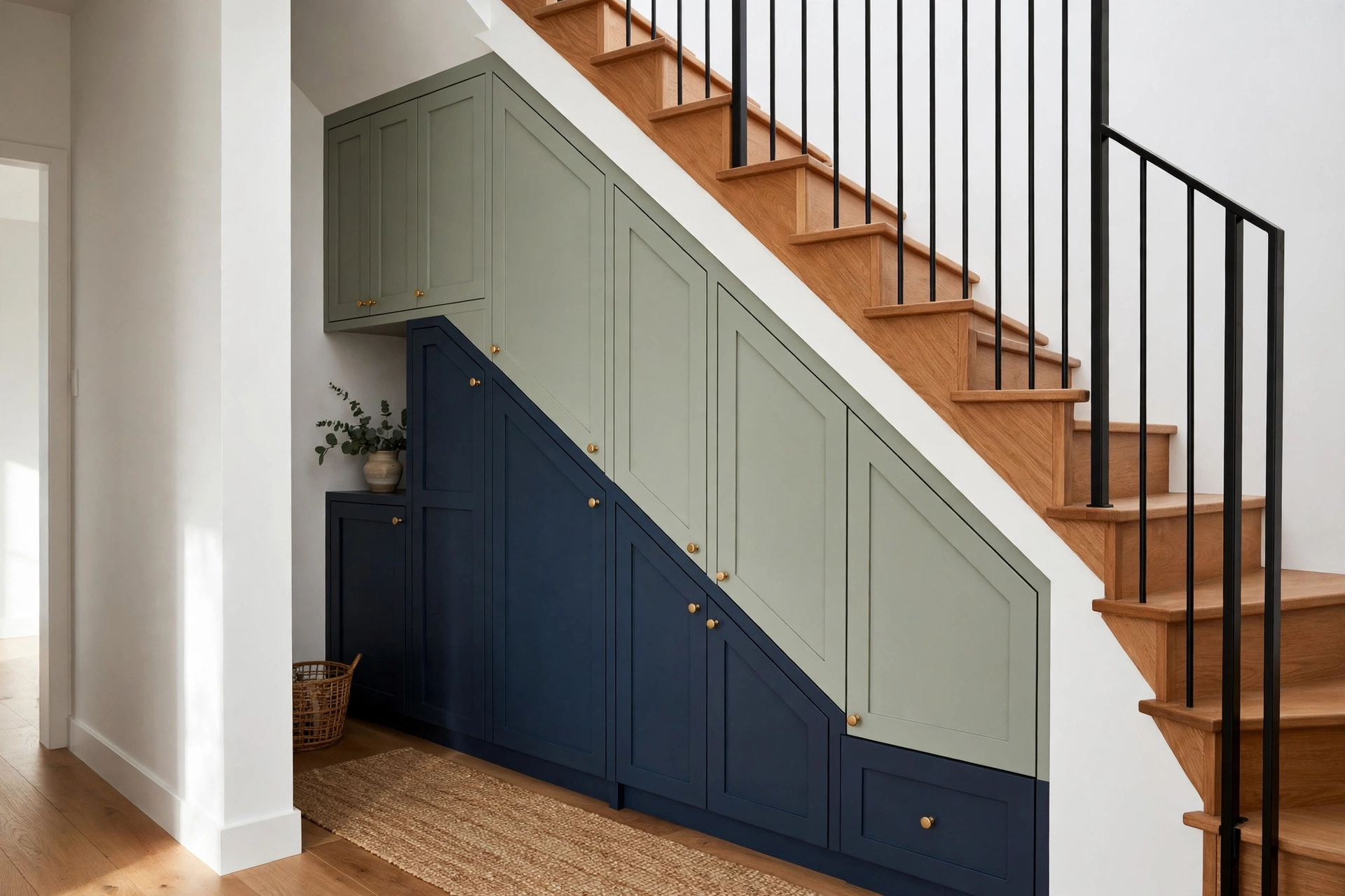 Two-tone cabinets under a staircase in contrasting colours