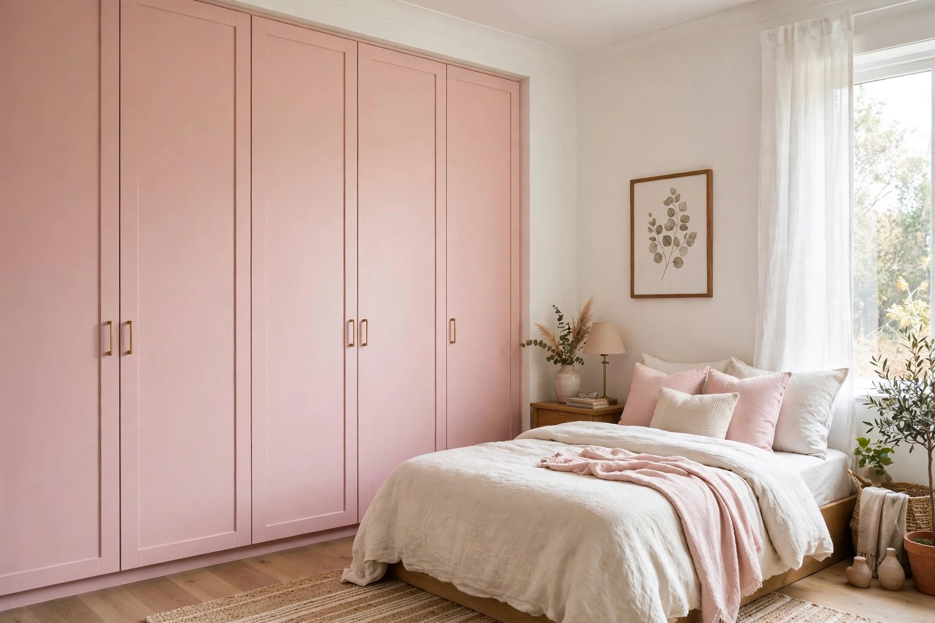 Pink painted built-in wardrobes in a bedroom