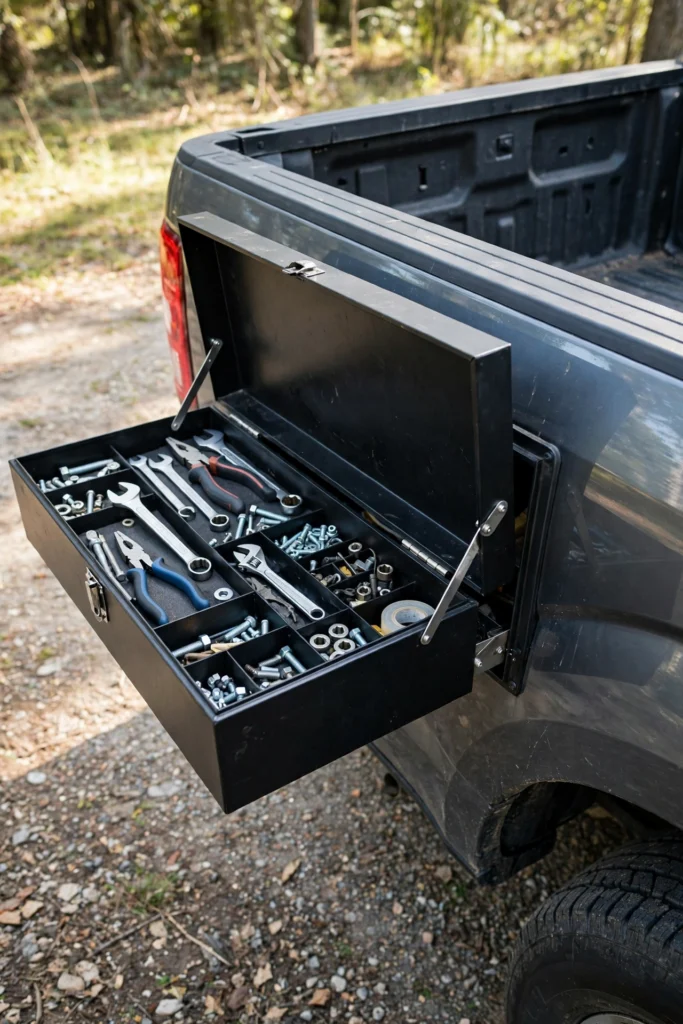 Side-mount swing-out toolbox on a pickup truck bed