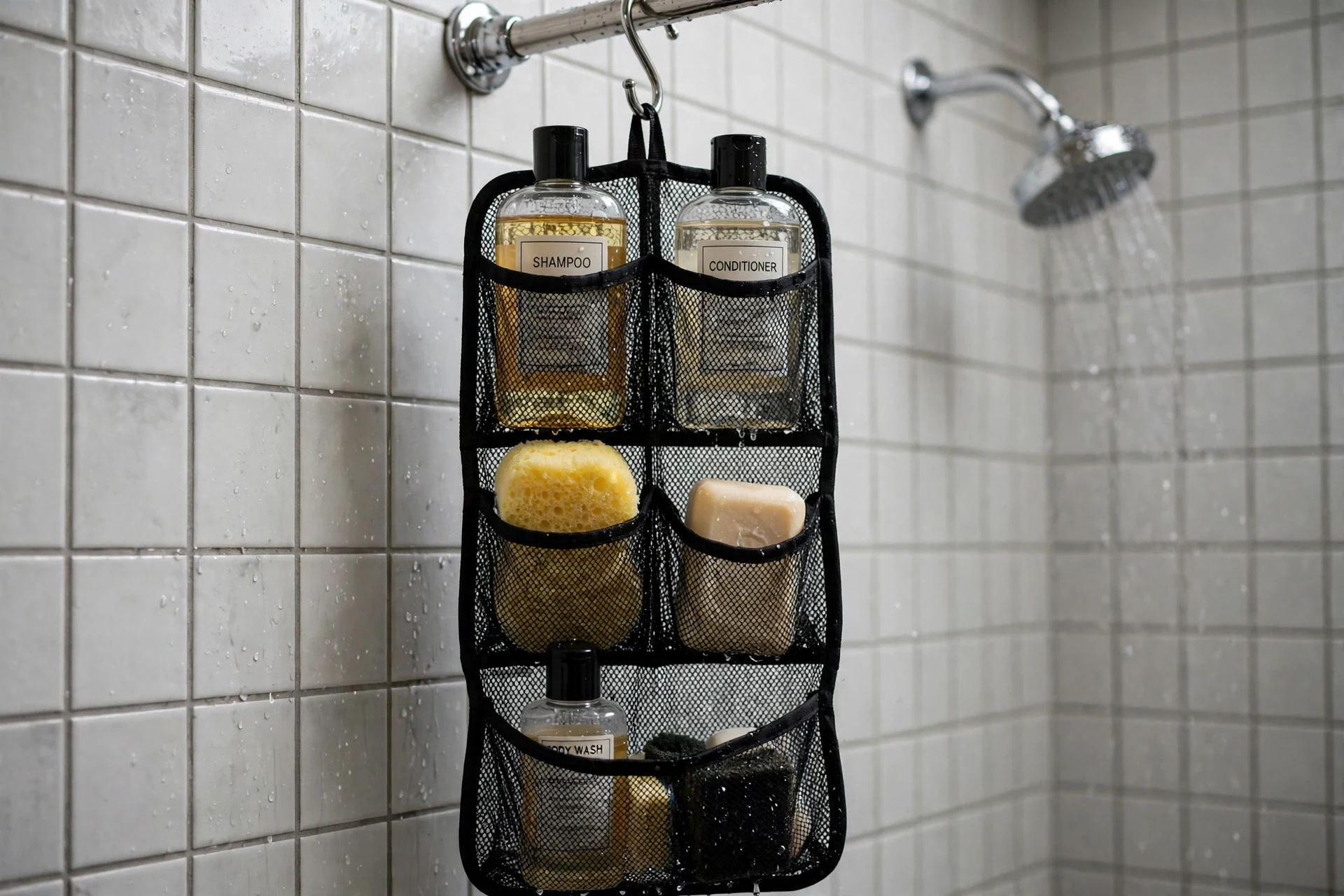 Mesh hanging organizer with pockets in a shower