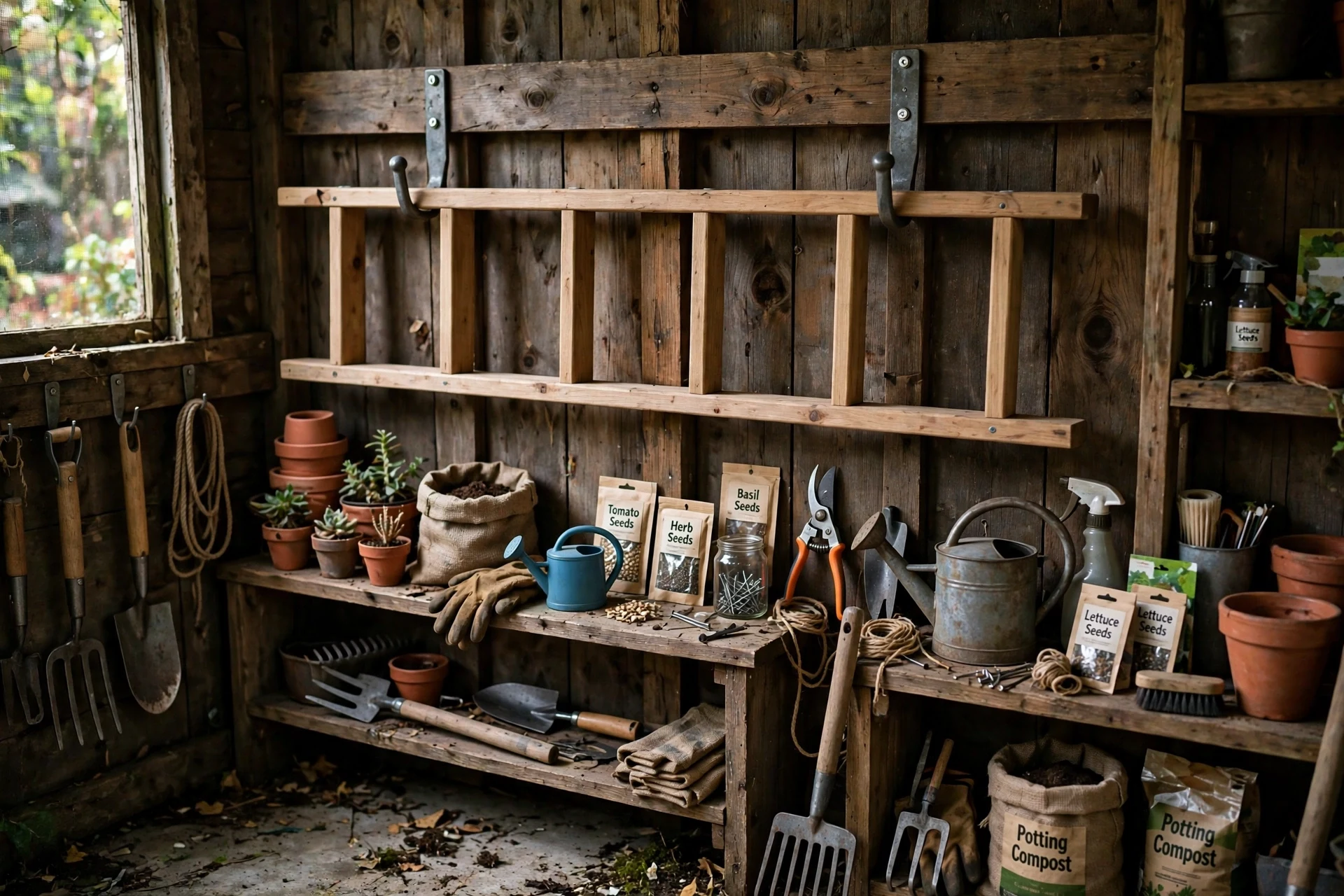 Ladder hanging on heavy-duty wall hooks in a shed