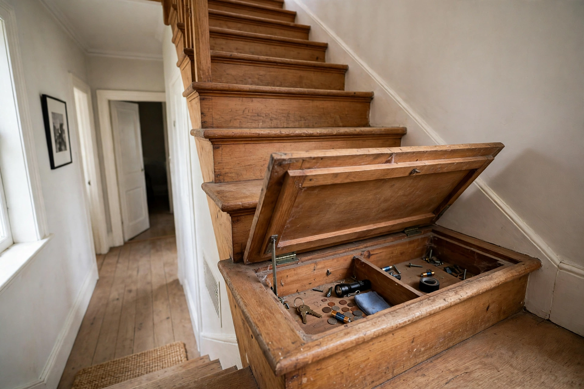 Hinged stair tread lifted to reveal hidden storage inside the step