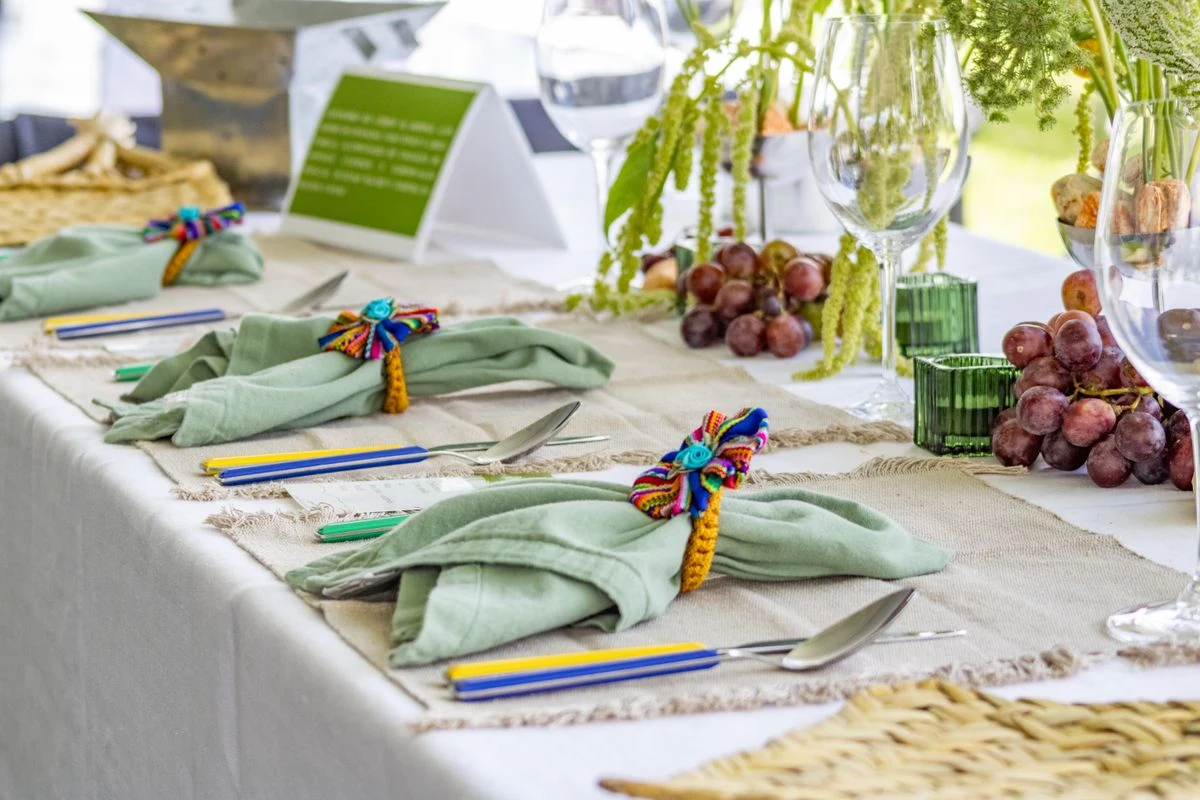Layered linen tablescape for an outdoor garden party