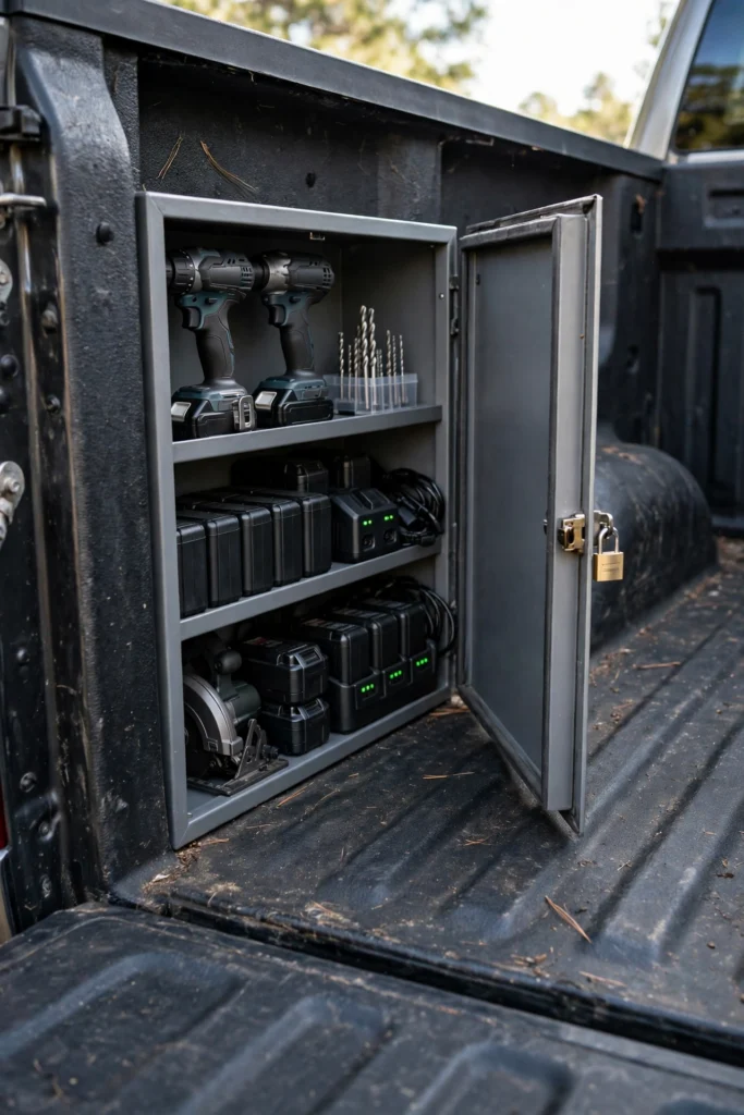 Lockable bedside tool cabinet installed in a truck bed