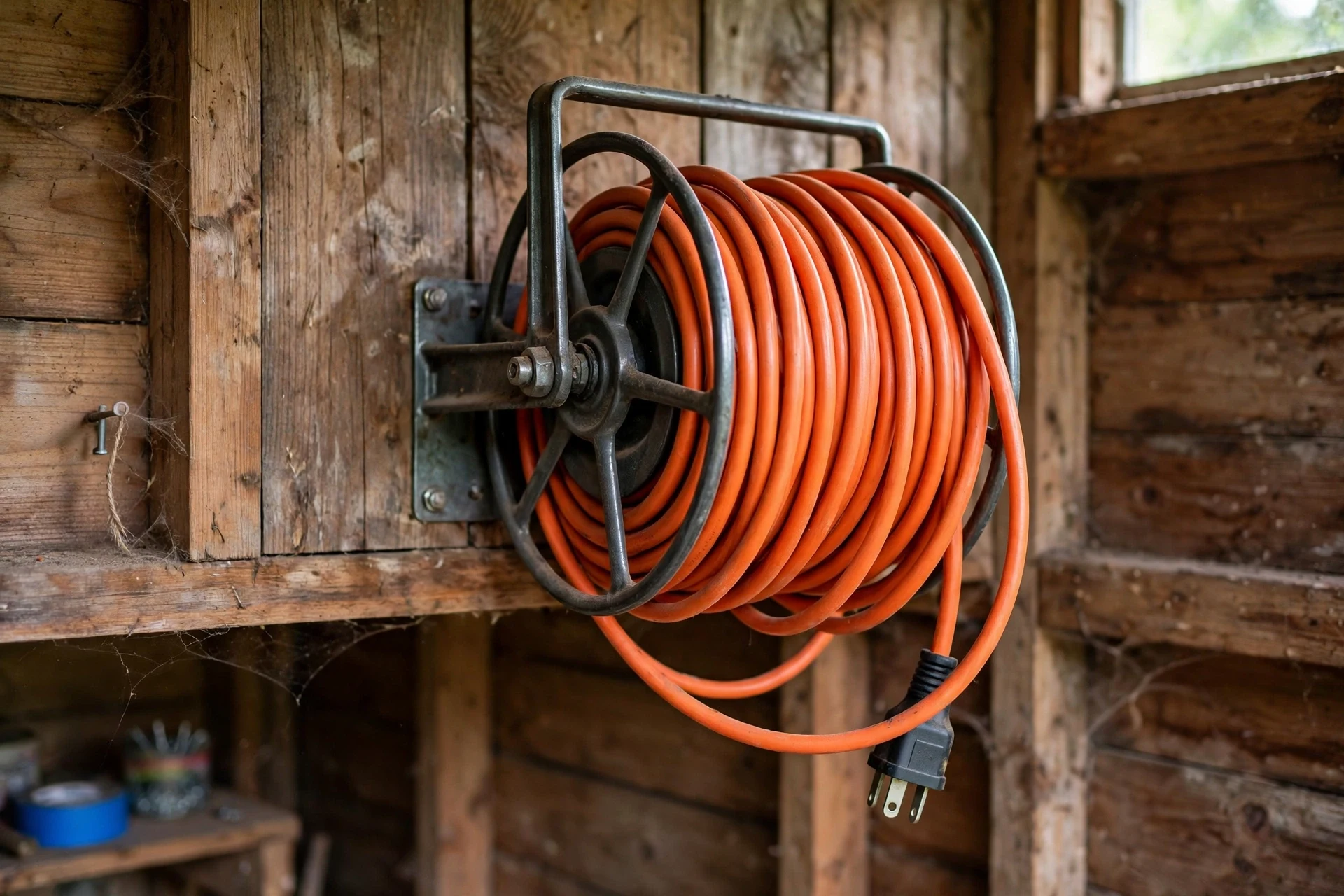 Extension cords coiled on hooks on a shed wall