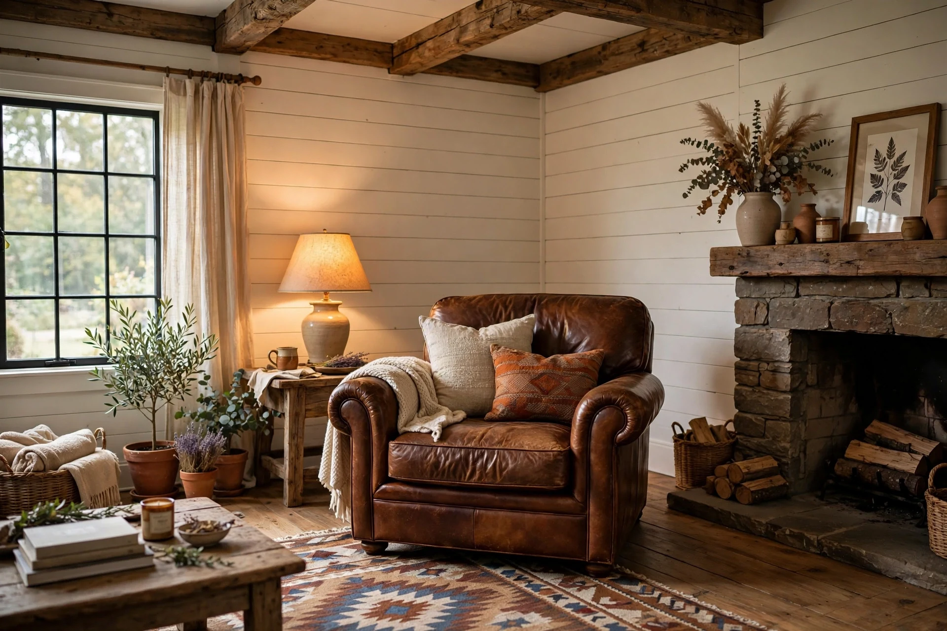 Leather armchair in a farmhouse living room