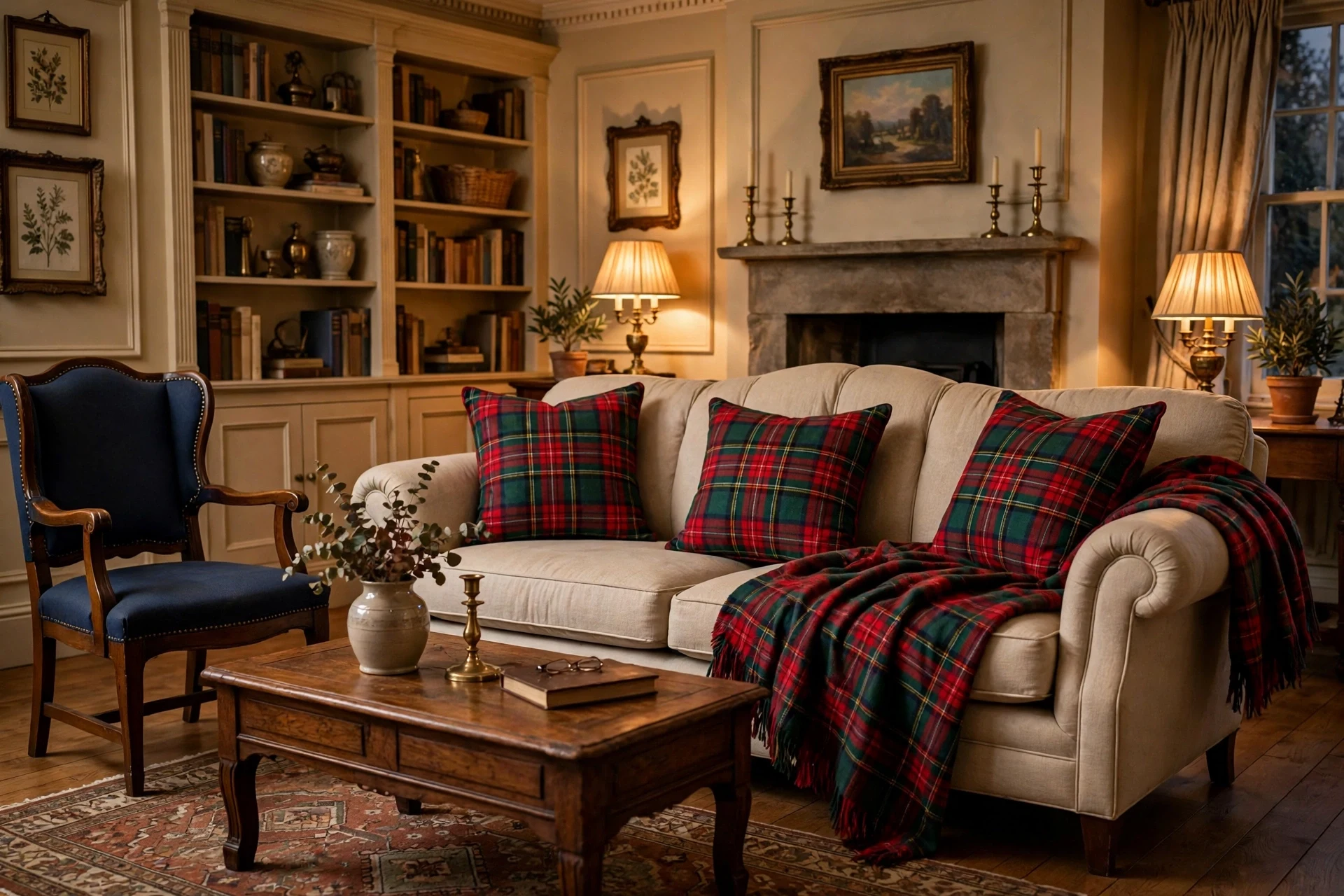 Plaid throw pillows on a sofa in a traditional living room