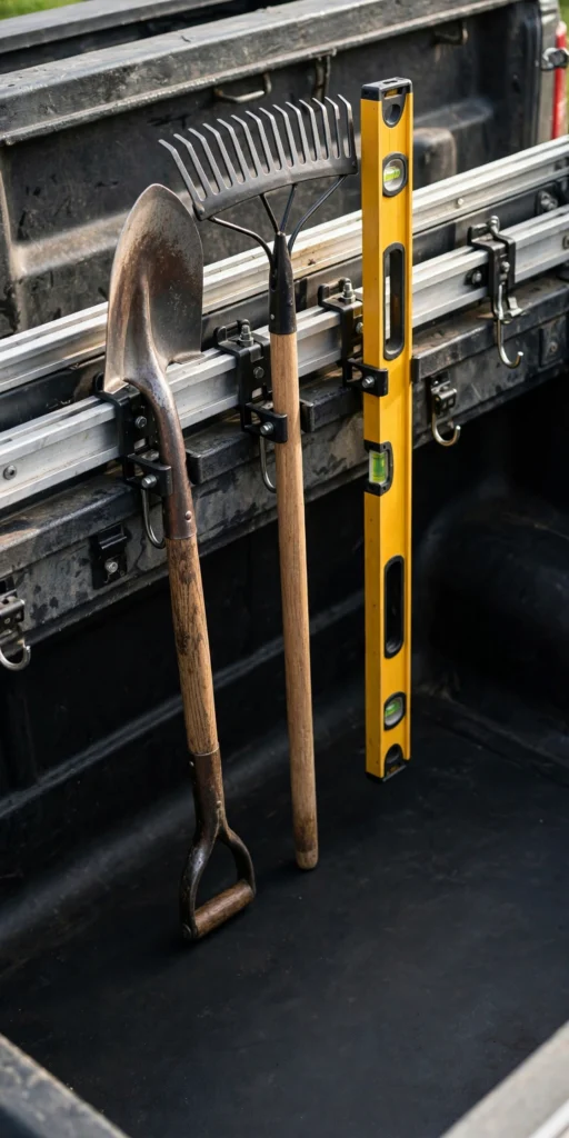 DIY bed rail holders keeping long tools organized in a truck