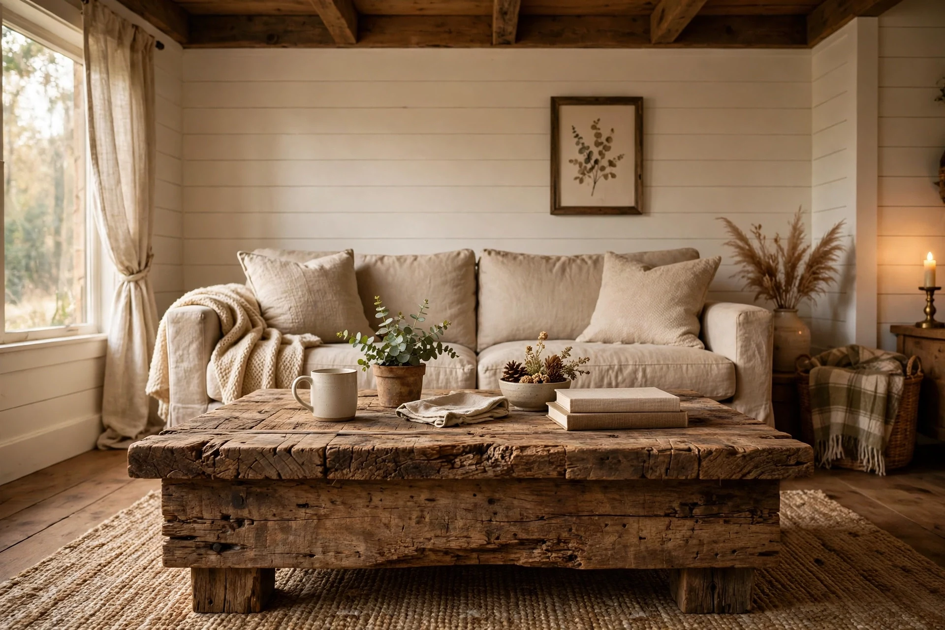 Reclaimed wood coffee table in a farmhouse living room