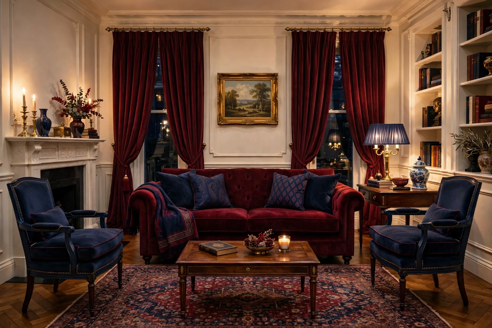 Burgundy and navy traditional living room decor