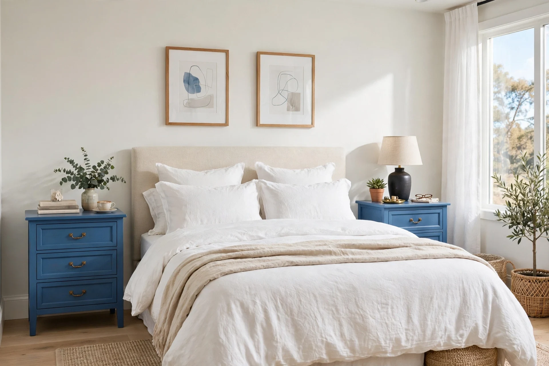 Blue bedside tables next to a bed in a bedroom