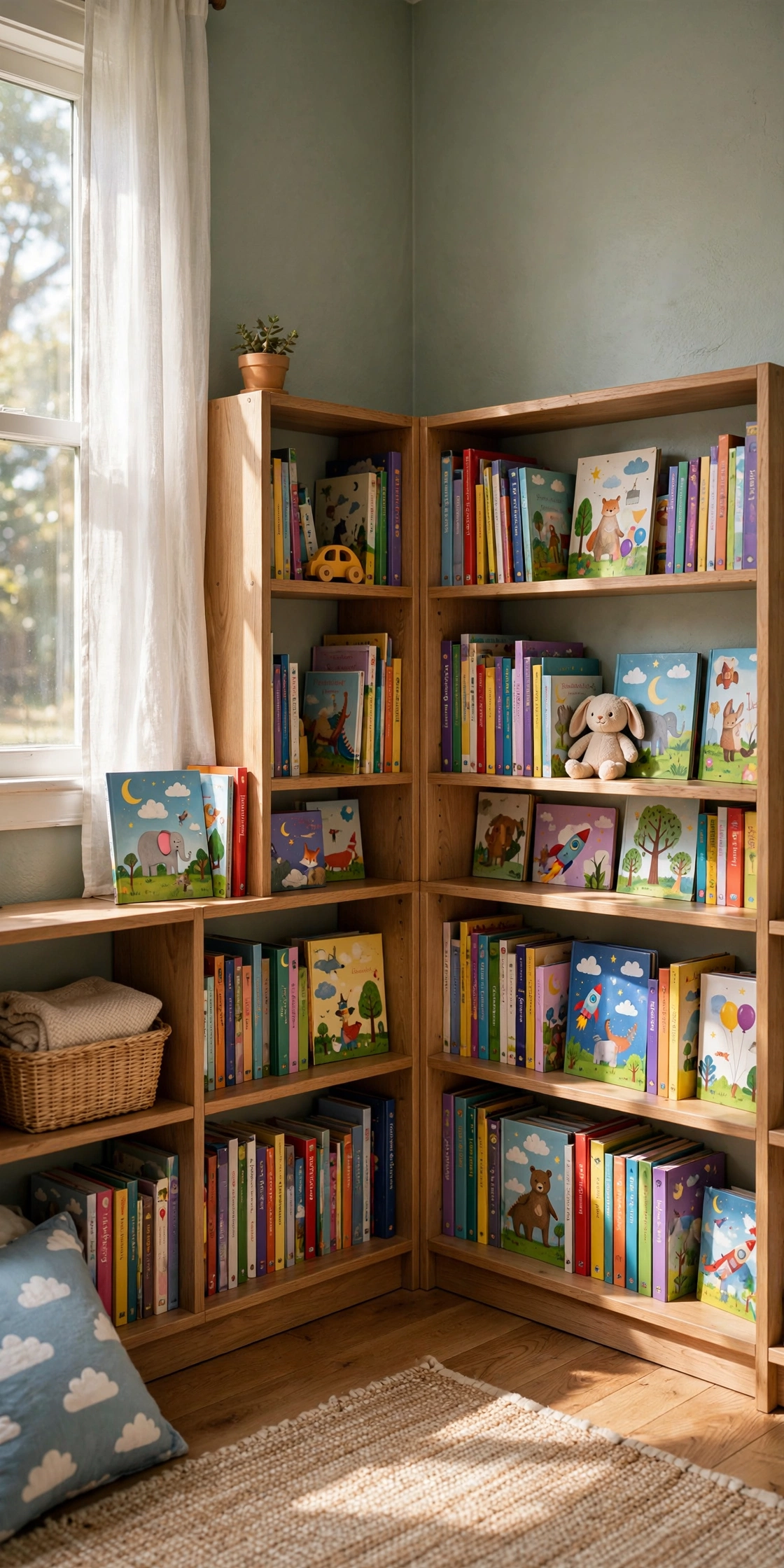 Corner bookshelf for kids bedroom