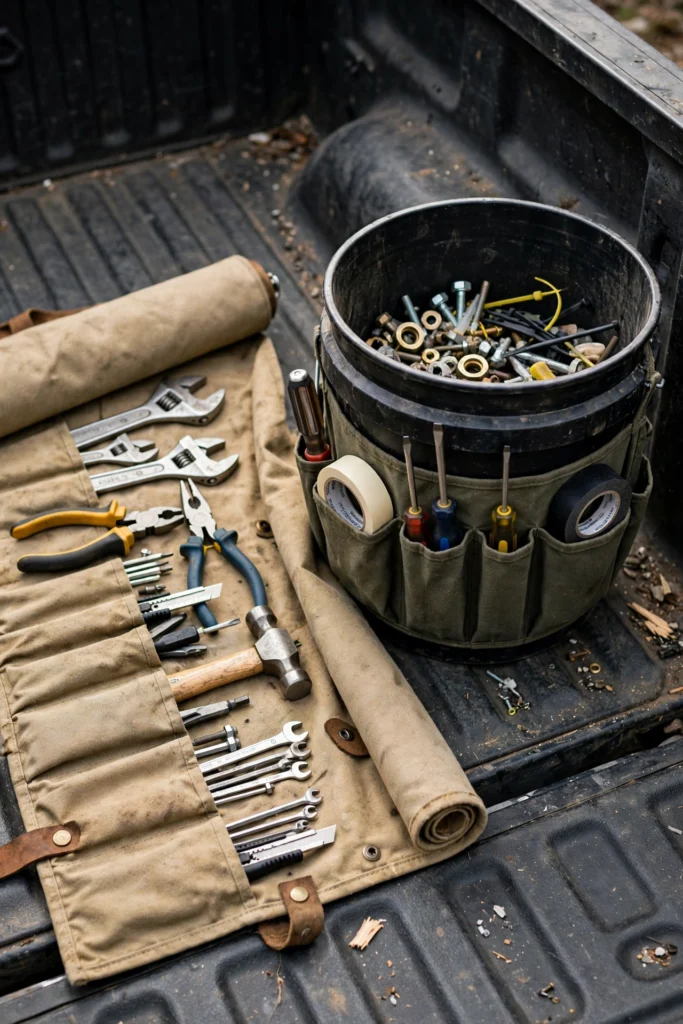Portable tool roll and bucket organizer for truck bed storage
