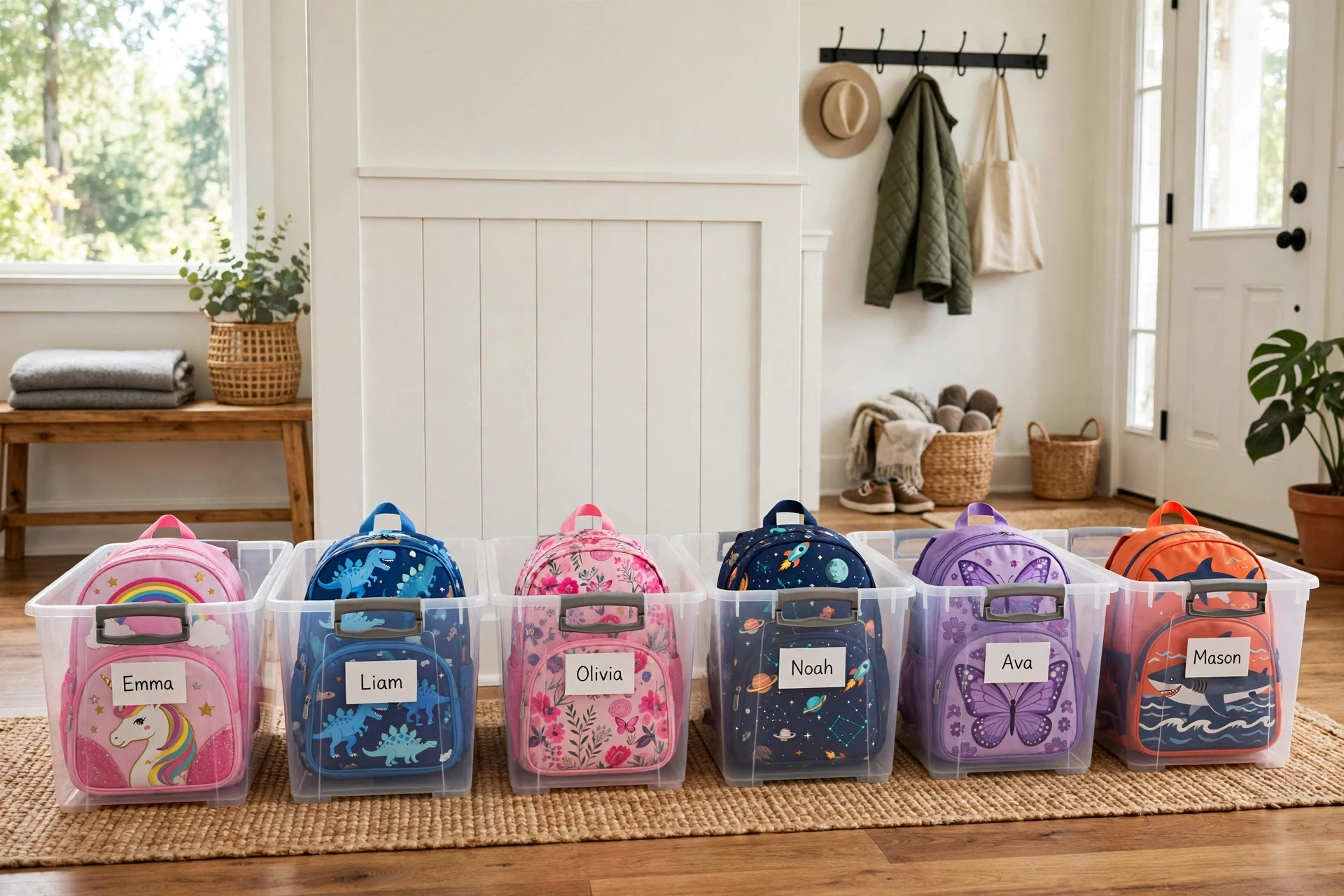 Labeled storage bins holding backpacks in a mudroom