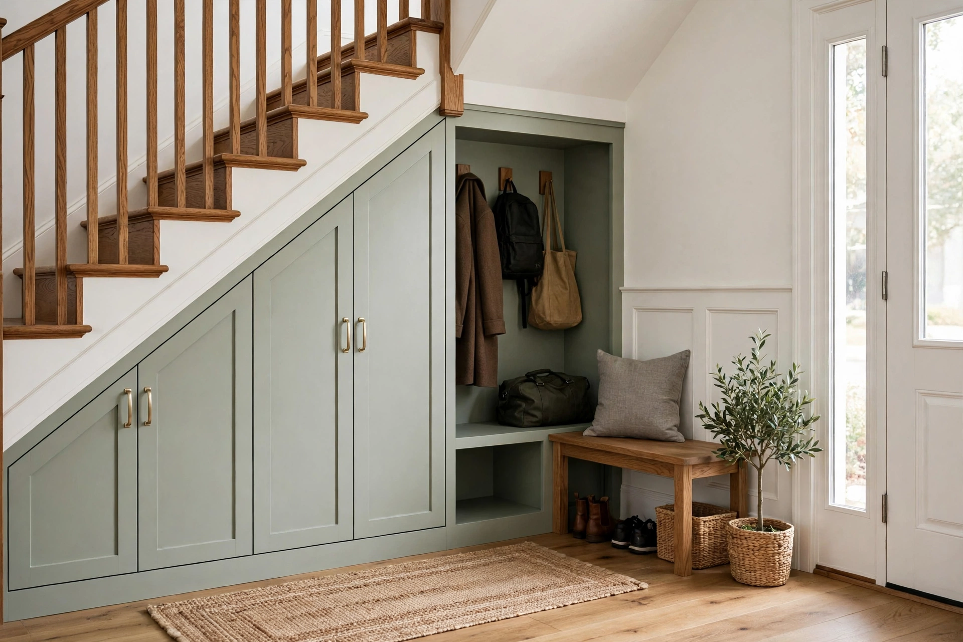 Under-stair coat cabinets with hooks and shelves