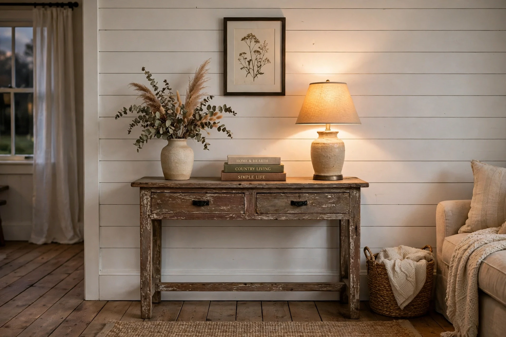 Distressed wood console table in a farmhouse living room